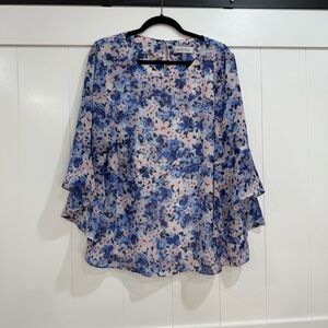Kasper Blue and Pink Floral Blouse